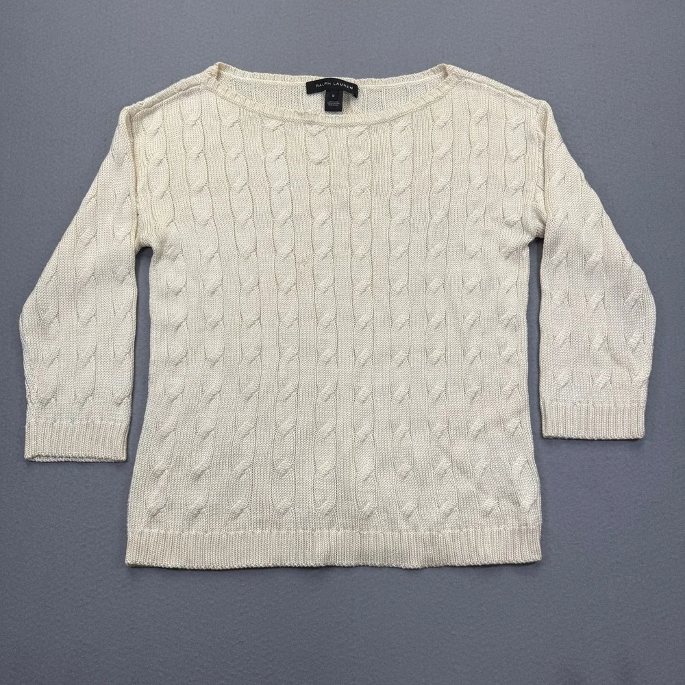 Ralph Lauren Womens Cream 100% Silk Cable Knit Boat Neck 3/4 Sleeve Sweater M